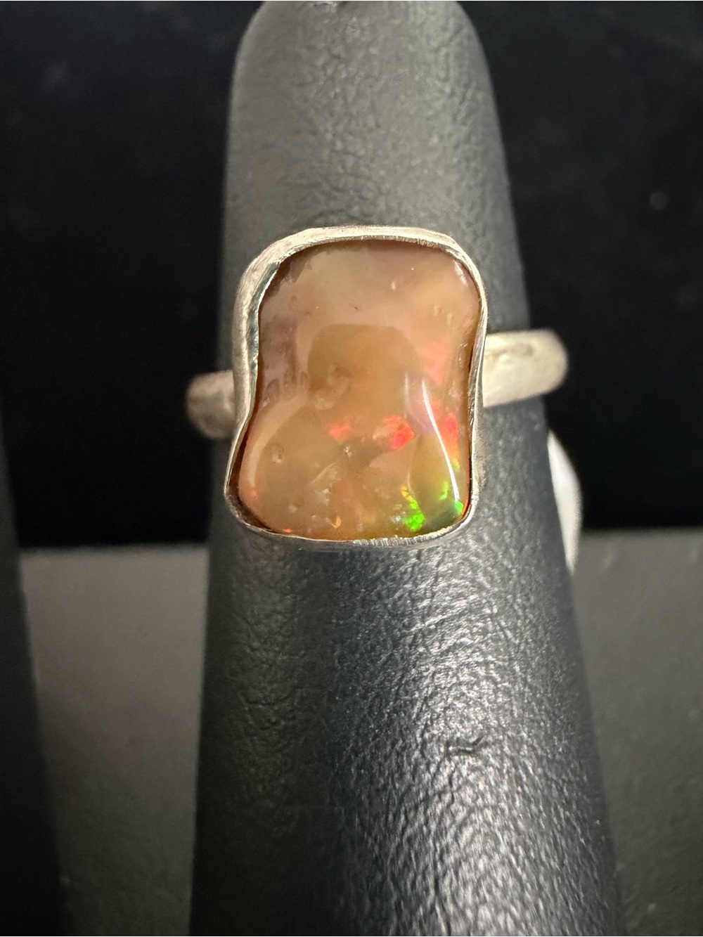 Sterling Silver Rough Cut Ethiopian Opal Statement Ring - Multicolor Fire Size 5